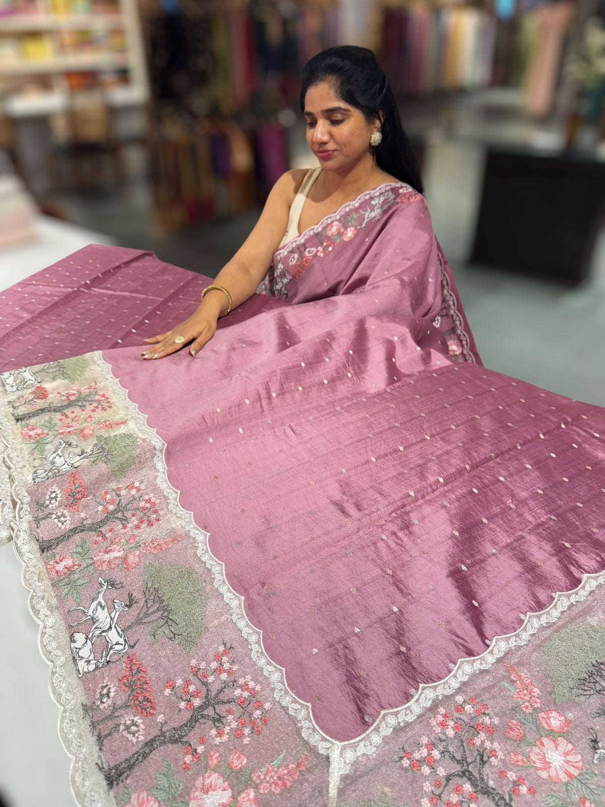 Dusty Pink Designer Chiniya silk saree