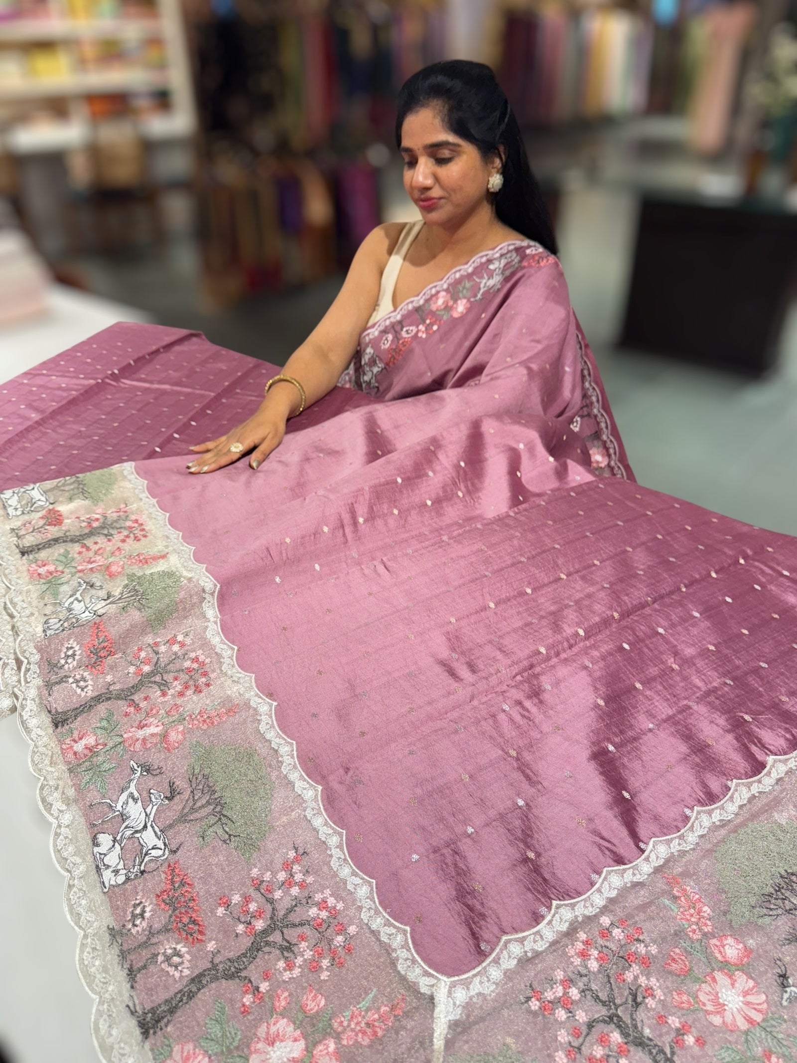 Dusty Pink Designer Chiniya silk saree