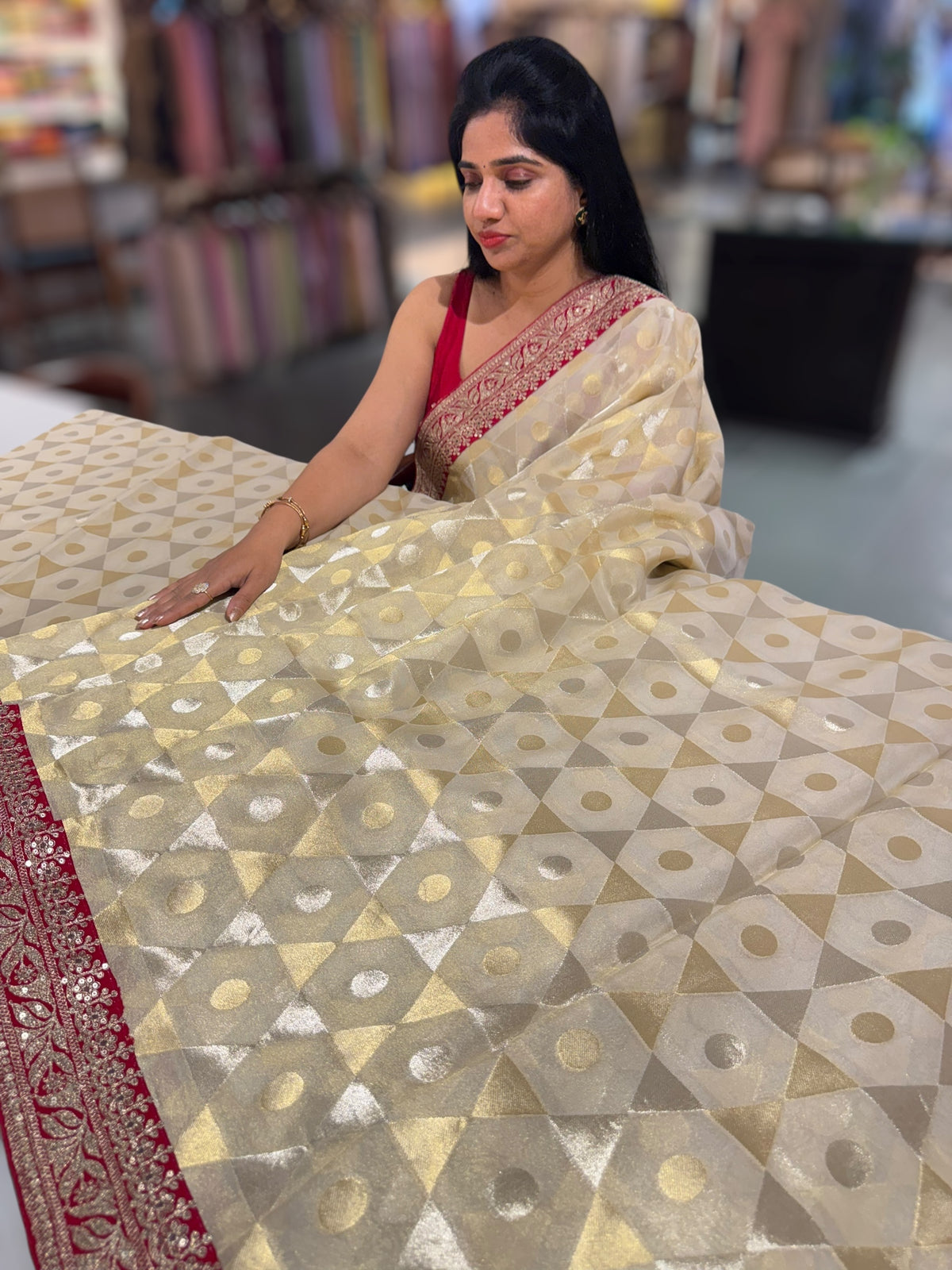 Beige Tissue Saree with Sabhyasachi borders