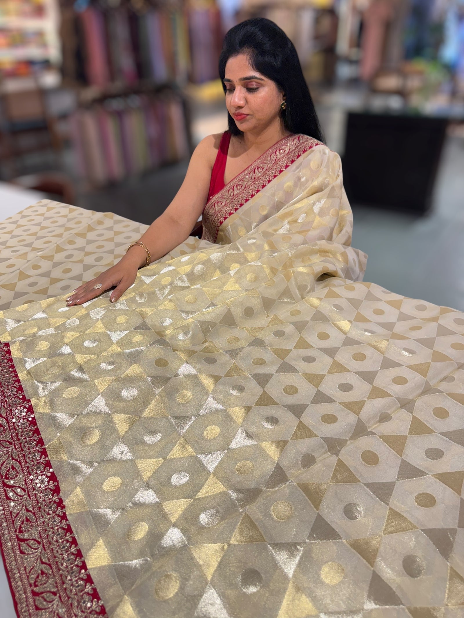 Beige Tissue Saree with Sabhyasachi borders