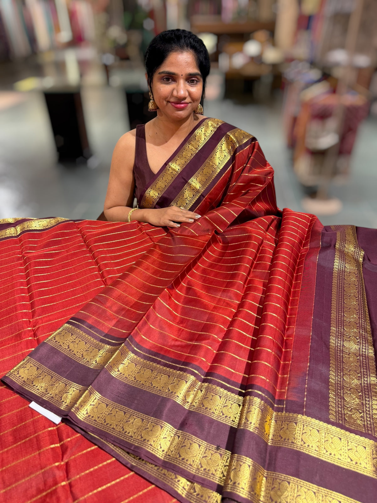 Dark Rust Kanchipuram Vintage striped Saree with gap borders