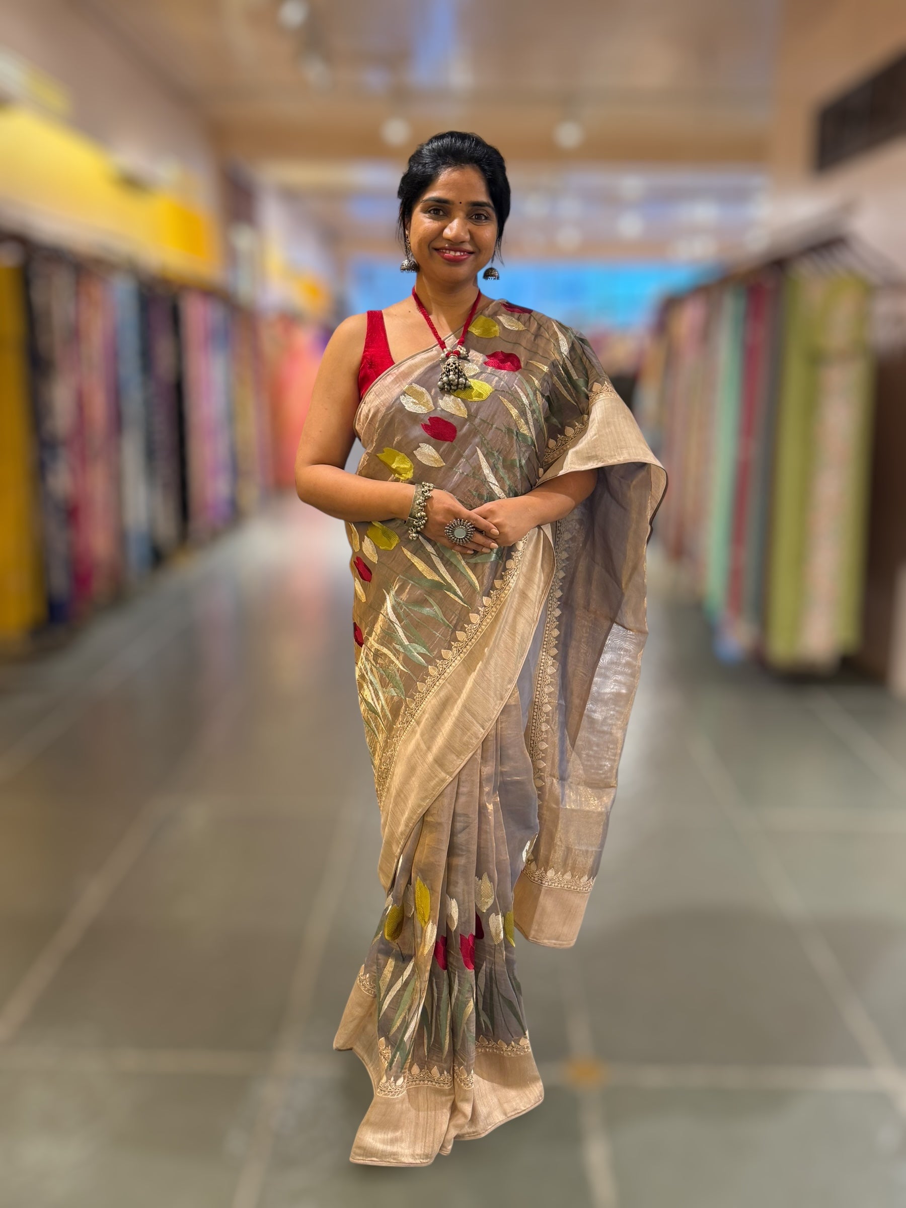 Violet Designer Handloom Tissue Saree With Tulip embroidery