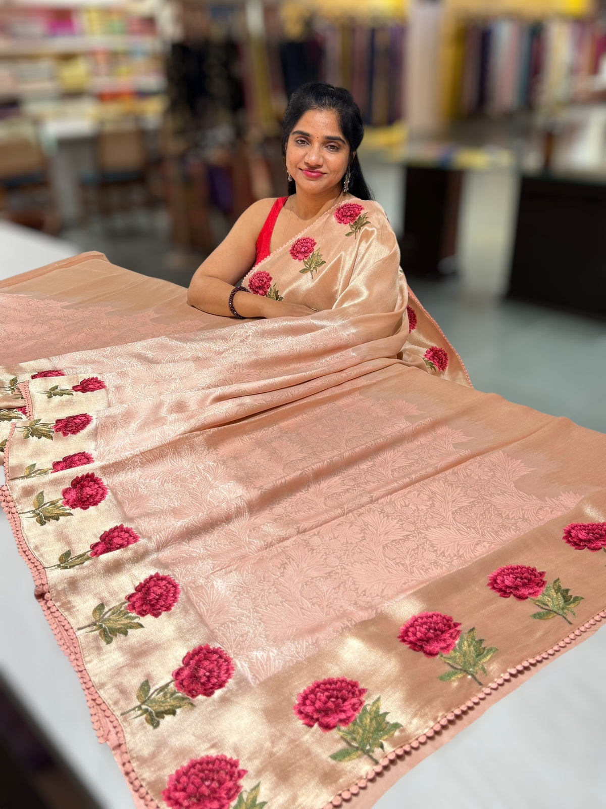 Peach pink Banarasi Brocade tissue saree with tonchui style weaving & embroidered dahlia flower border