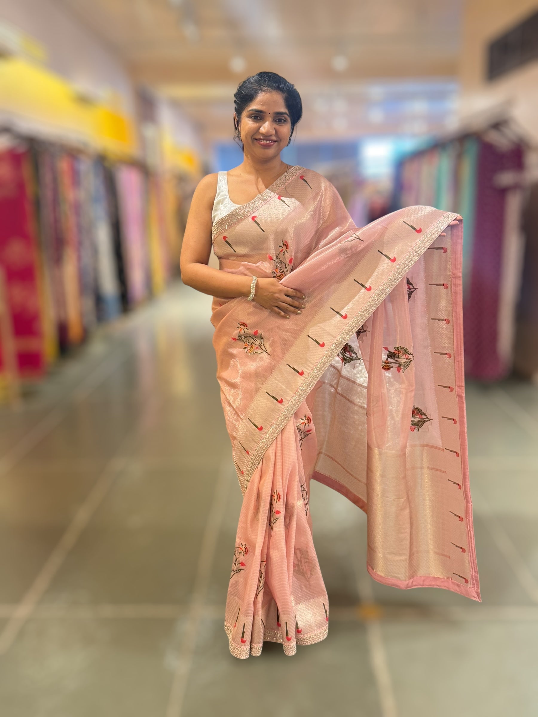Baby Pink Tissue Kota Saree With sabhyasachi Borders and Blouses