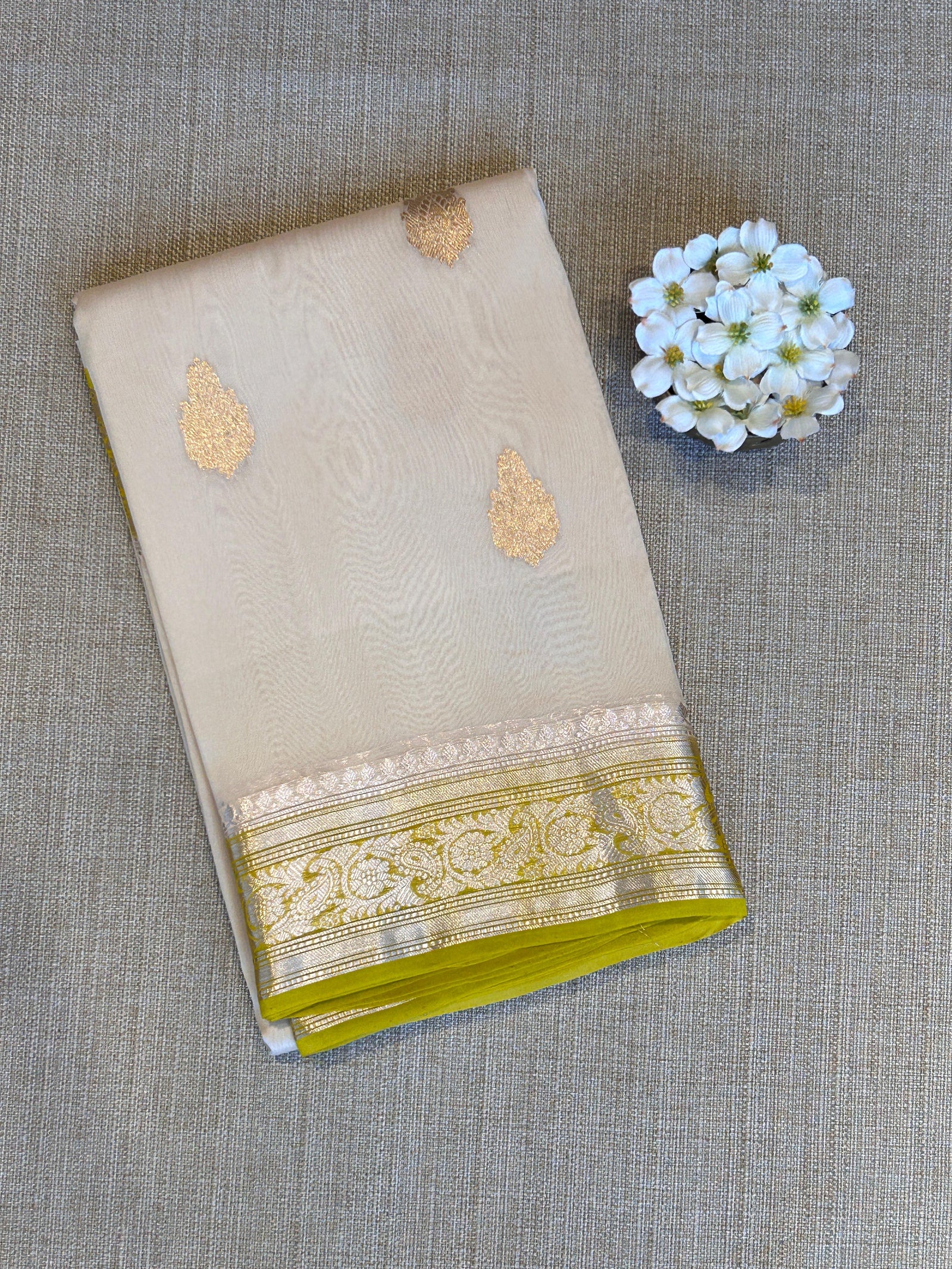Vanilla and Moong Dal Green Combo Pure Handloom premium Kora Banarasi Saree