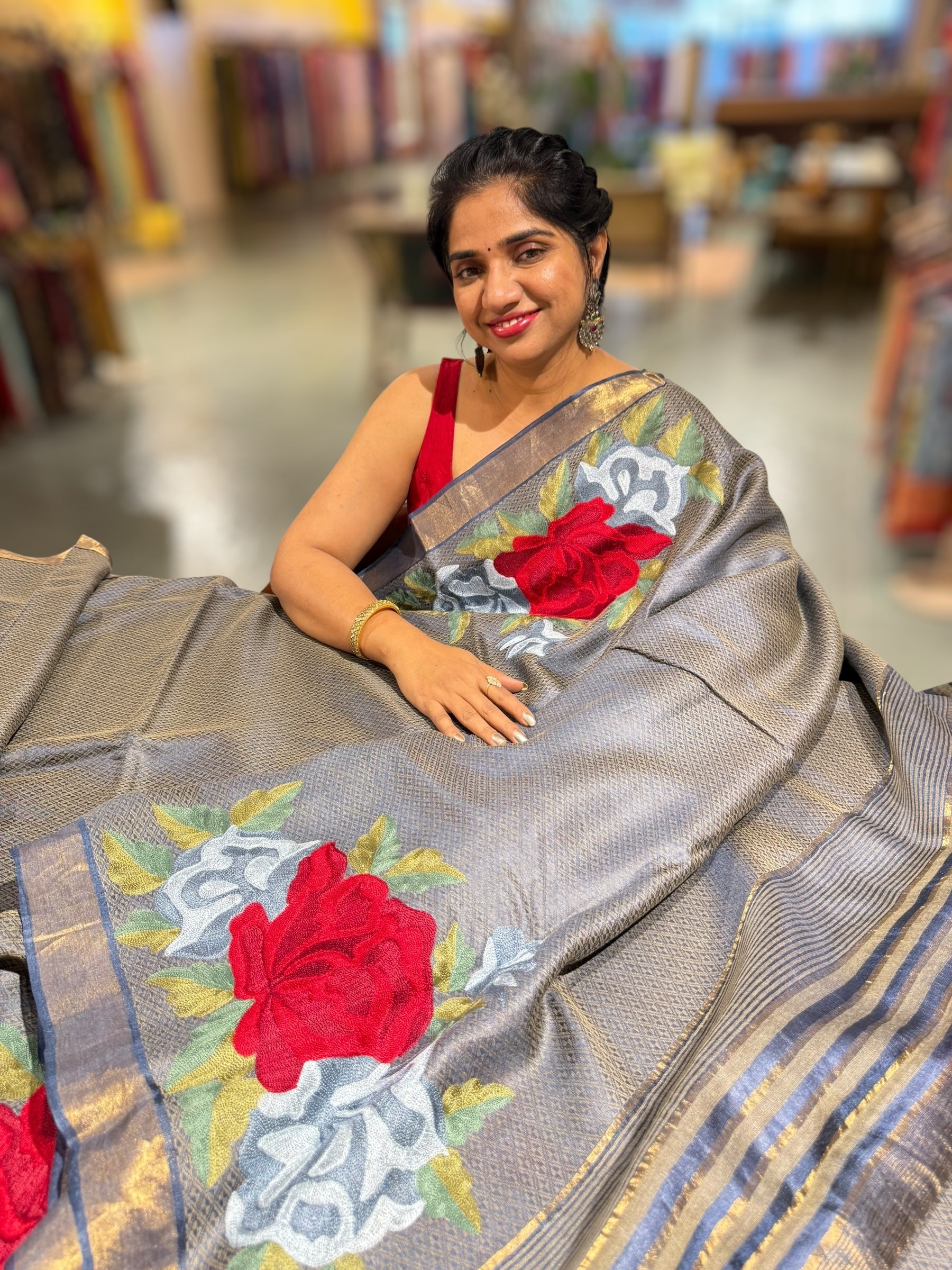 Navy Tussar Brocade Saree With Statement Red Rose Embroidery.