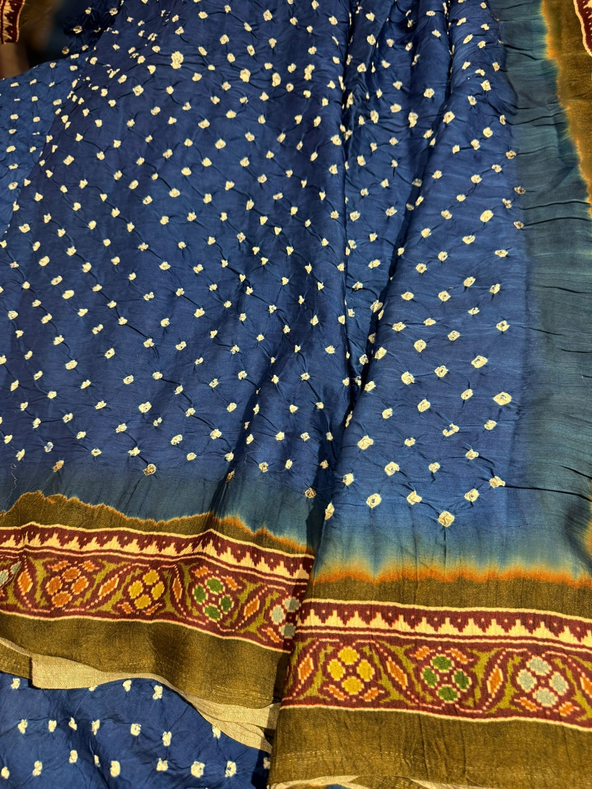 Blue bandhini kalamkari modal satin saree