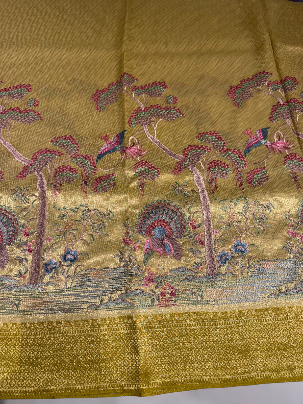 Yellow Banarasi Tonchoi Brocade Saree with Parsi Gara style embroidery