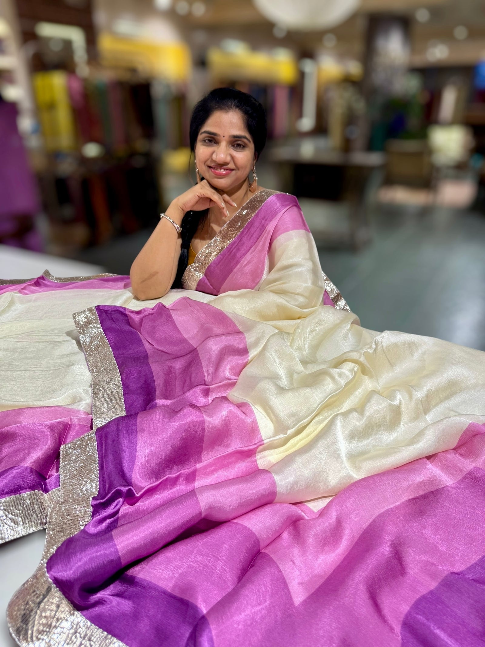 Ivory & Purple Combo Chinnon Crepe Saree with Gotapatti Borders