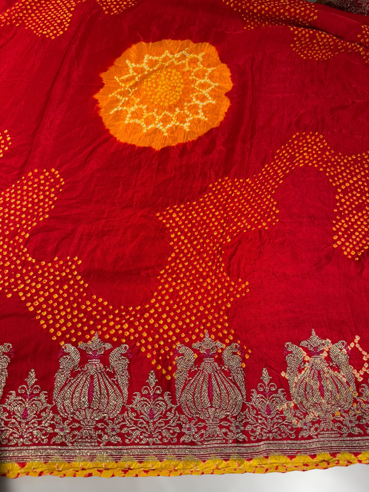 Orangish Red Designer Rai Bandhej Saree With Embroidered Border