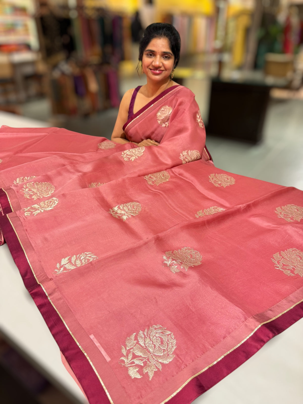 Onion Pink Pure Organza with embroidery