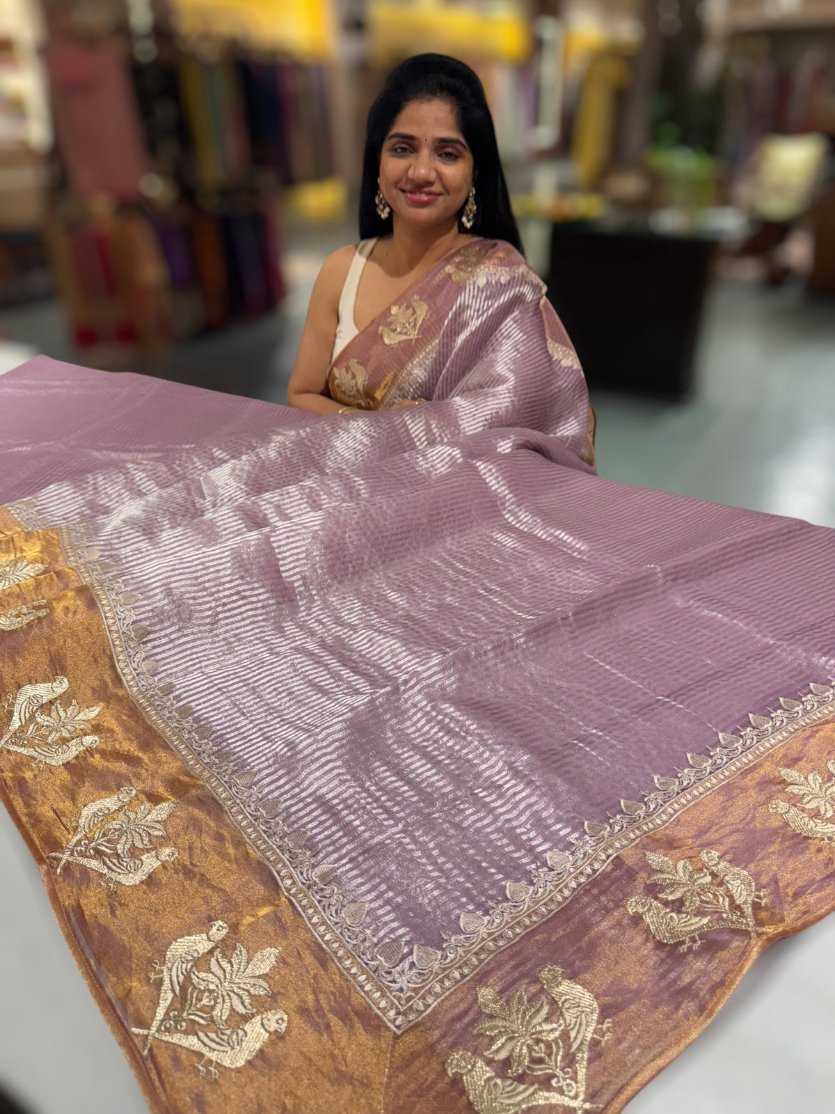 Lilac Kora tissue stripes Saree with embroidery