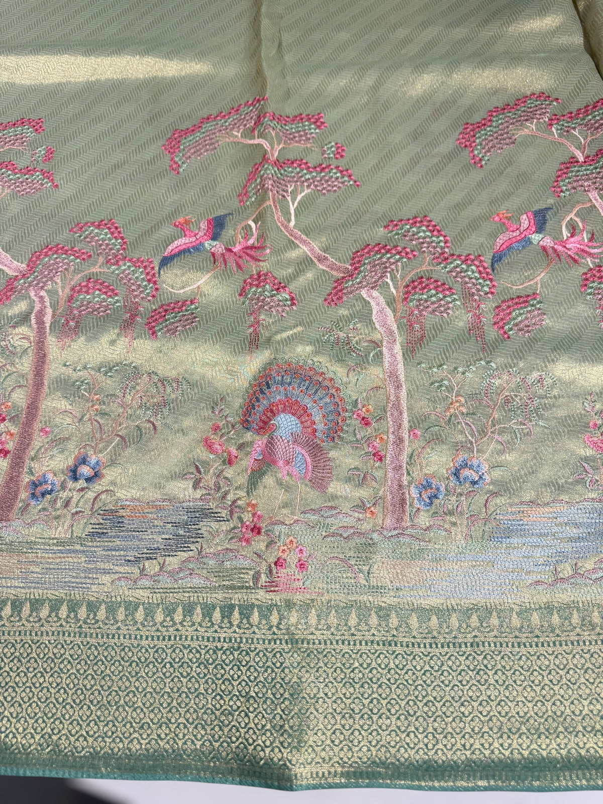 Mint Banarasi Tonchoi Brocade Saree with Parsi Gara style embroidery