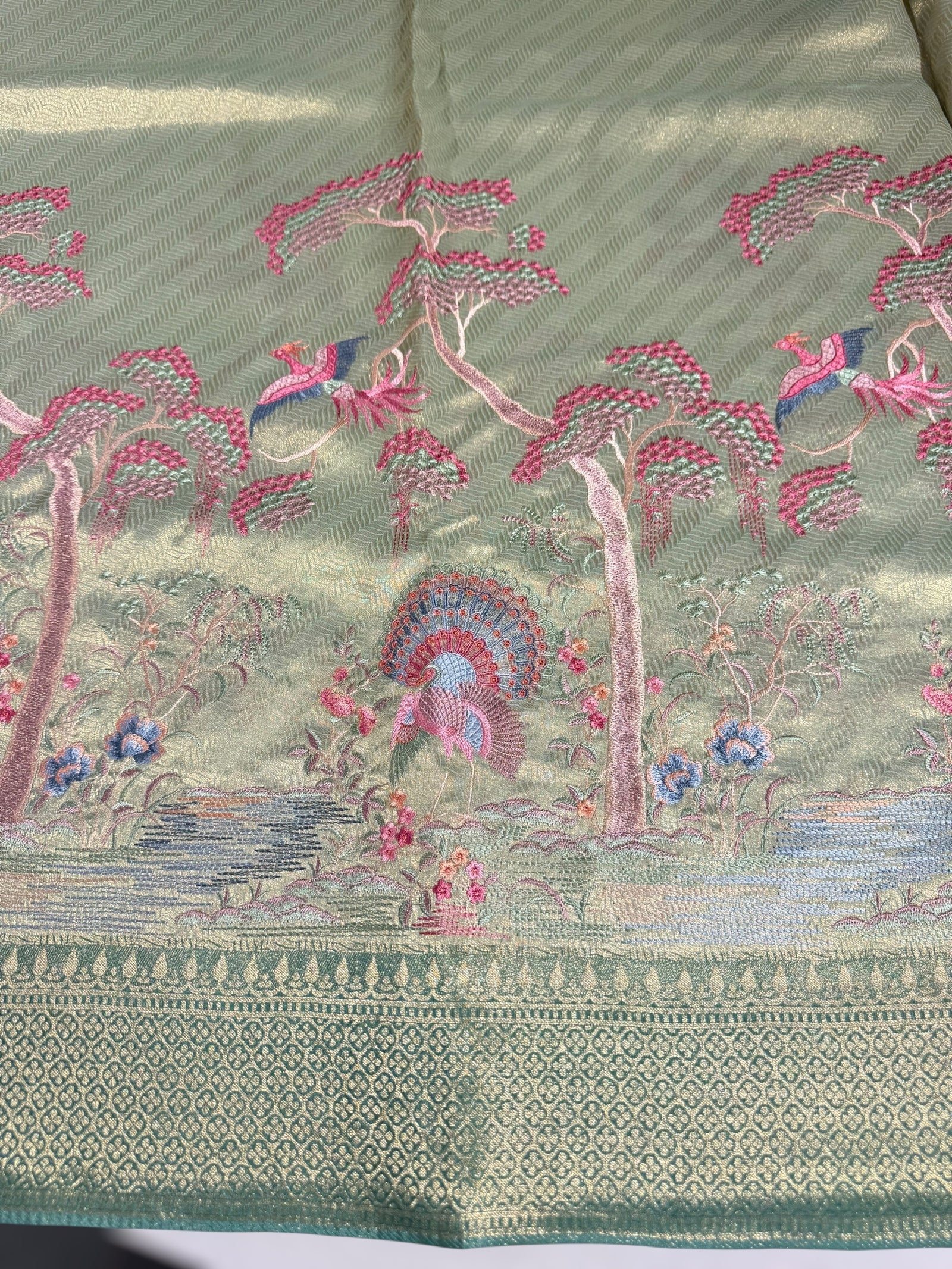 Mint Banarasi Tonchoi Brocade Saree with Parsi Gara style embroidery