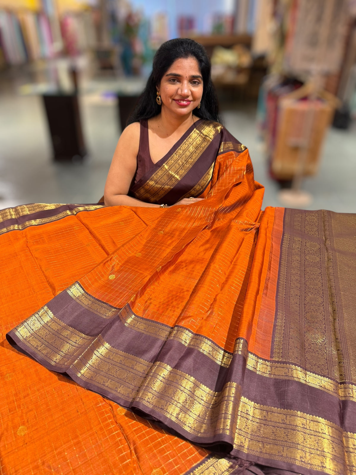 Rust Orange & Brown Combo Kanchi Vintage Checks Saree