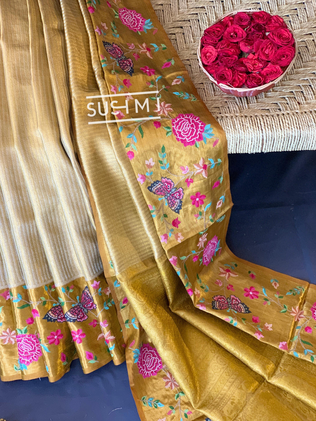 Gold Kanjeevaram Tissue Sareewith petite point embroidery : S62F086