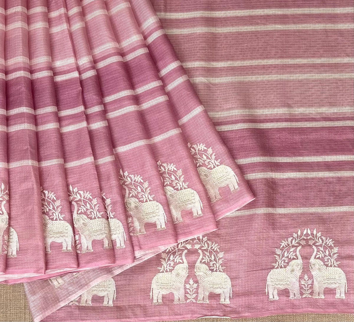 Dusty Pink Designer Silk kota saree with elephant embroidered border