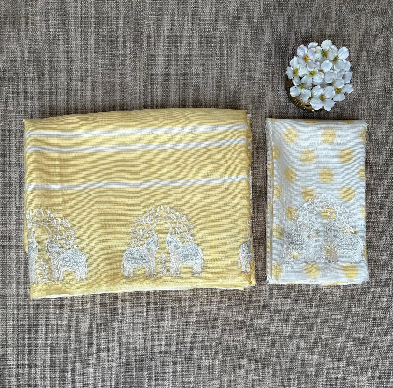 Pastel Yellow Designer Silk kota saree with elephant embroidered border