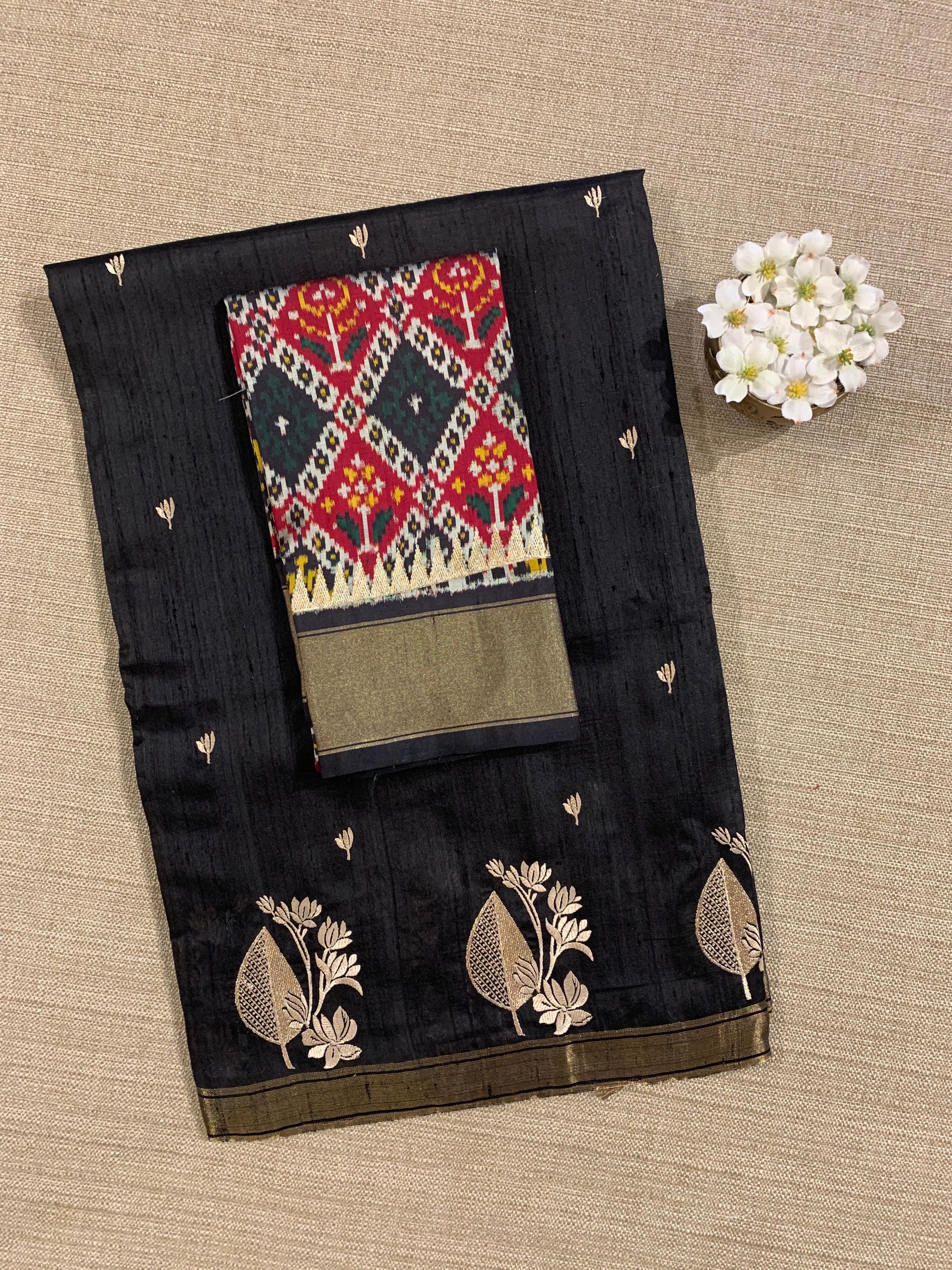Black Pure Handloom Raw Silk Saree