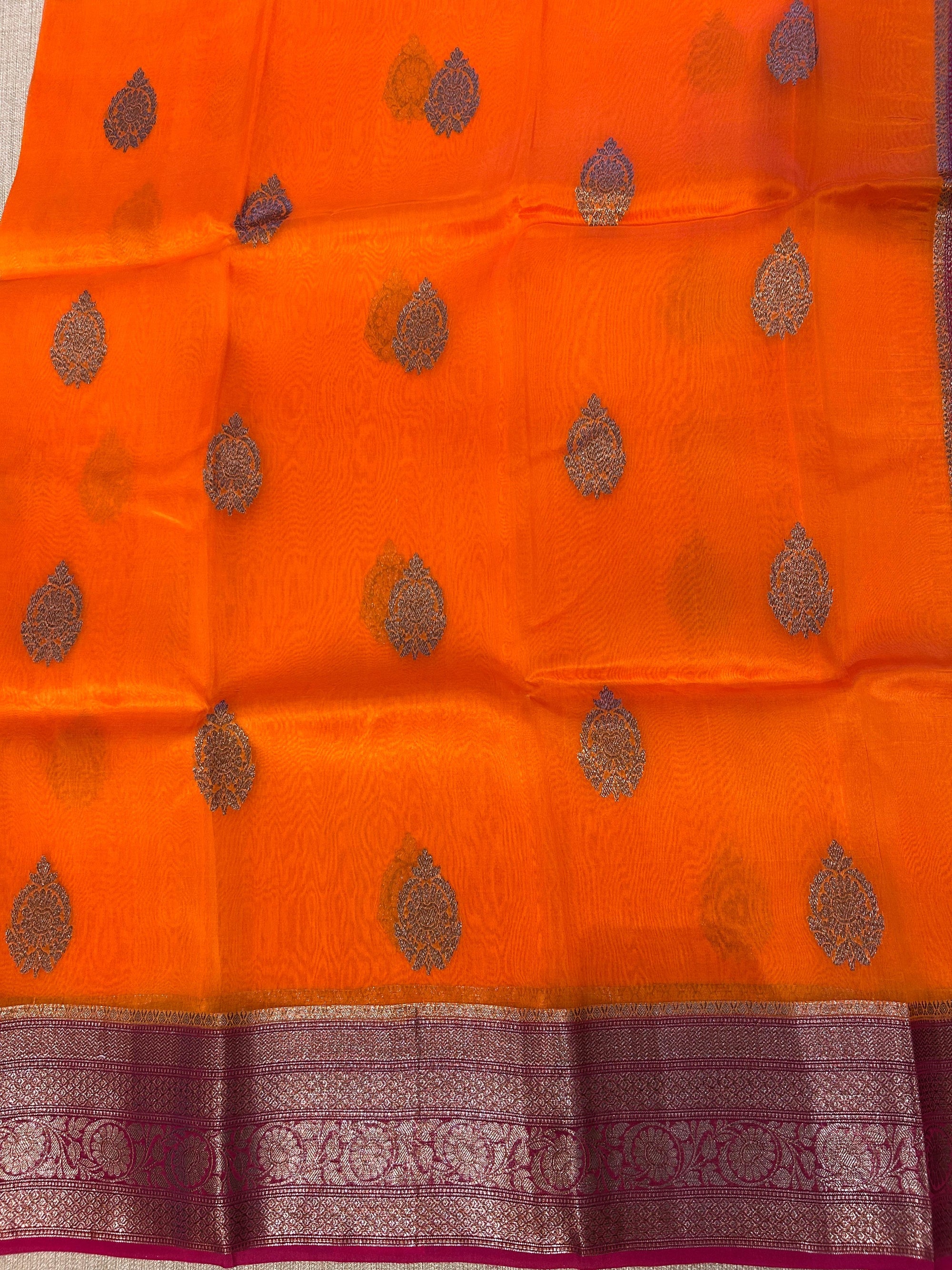 Orange & Ruby Pink Pure Handloom Kora Banarasi Saree