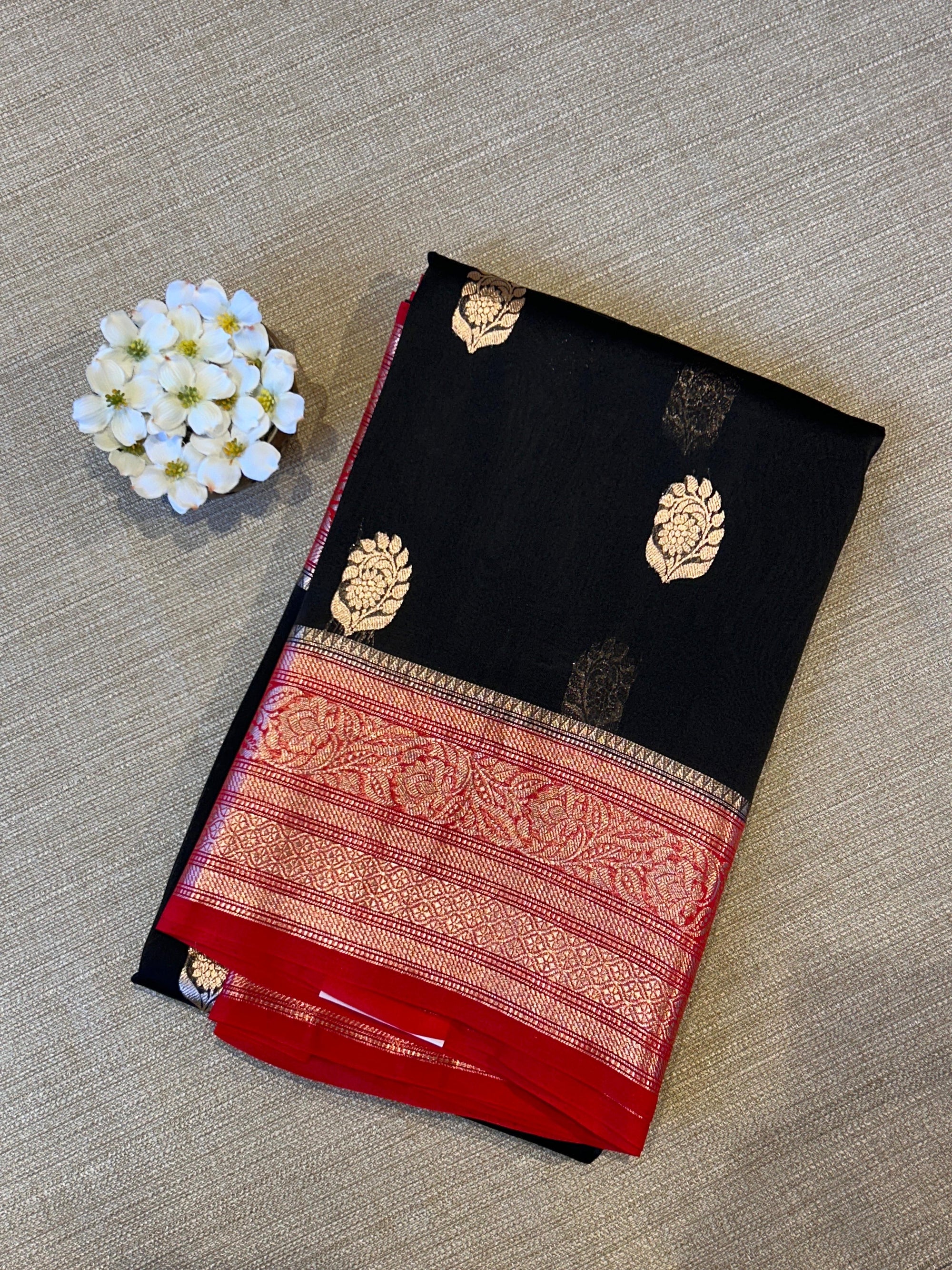 Black and Red Combo Pure Handloom premium Kora Banarasi Saree