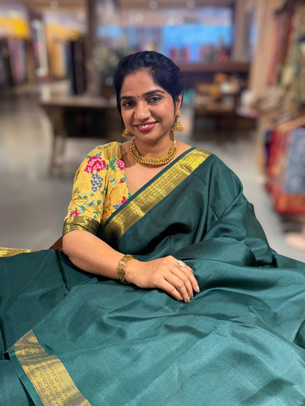 Bottle Green Kanchi Vintage Saree with Petite Point Embroidered Blouse