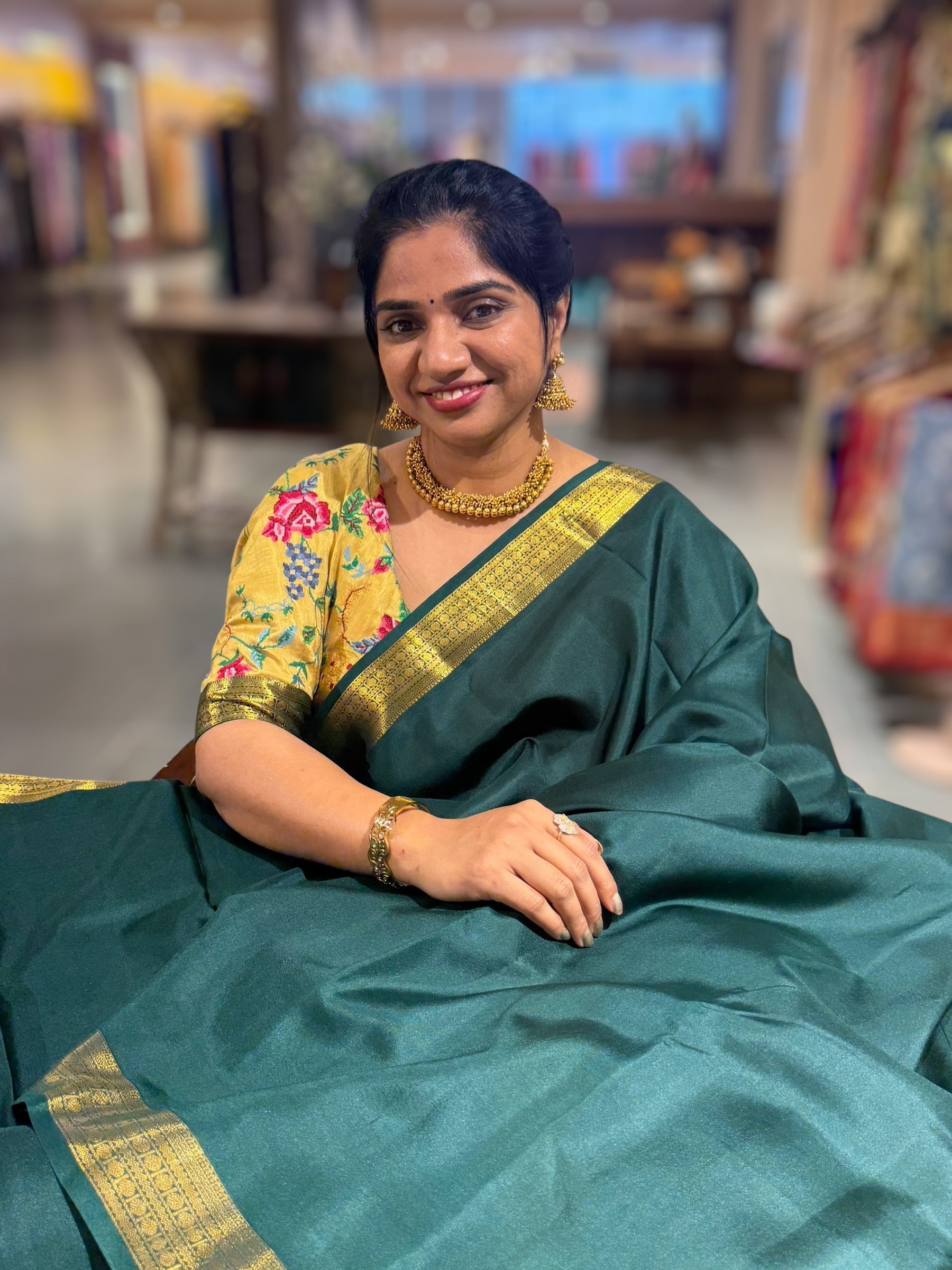 Bottle Green Kanchi Vintage Saree with Petite Point Embroidered Blouse
