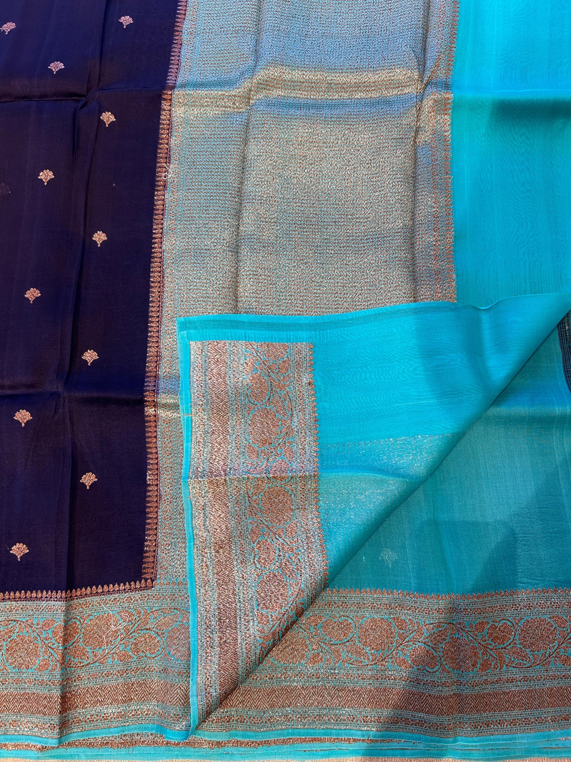 Purplish navy with blue Combo Pure Handloom premium Kora Banarasi Saree