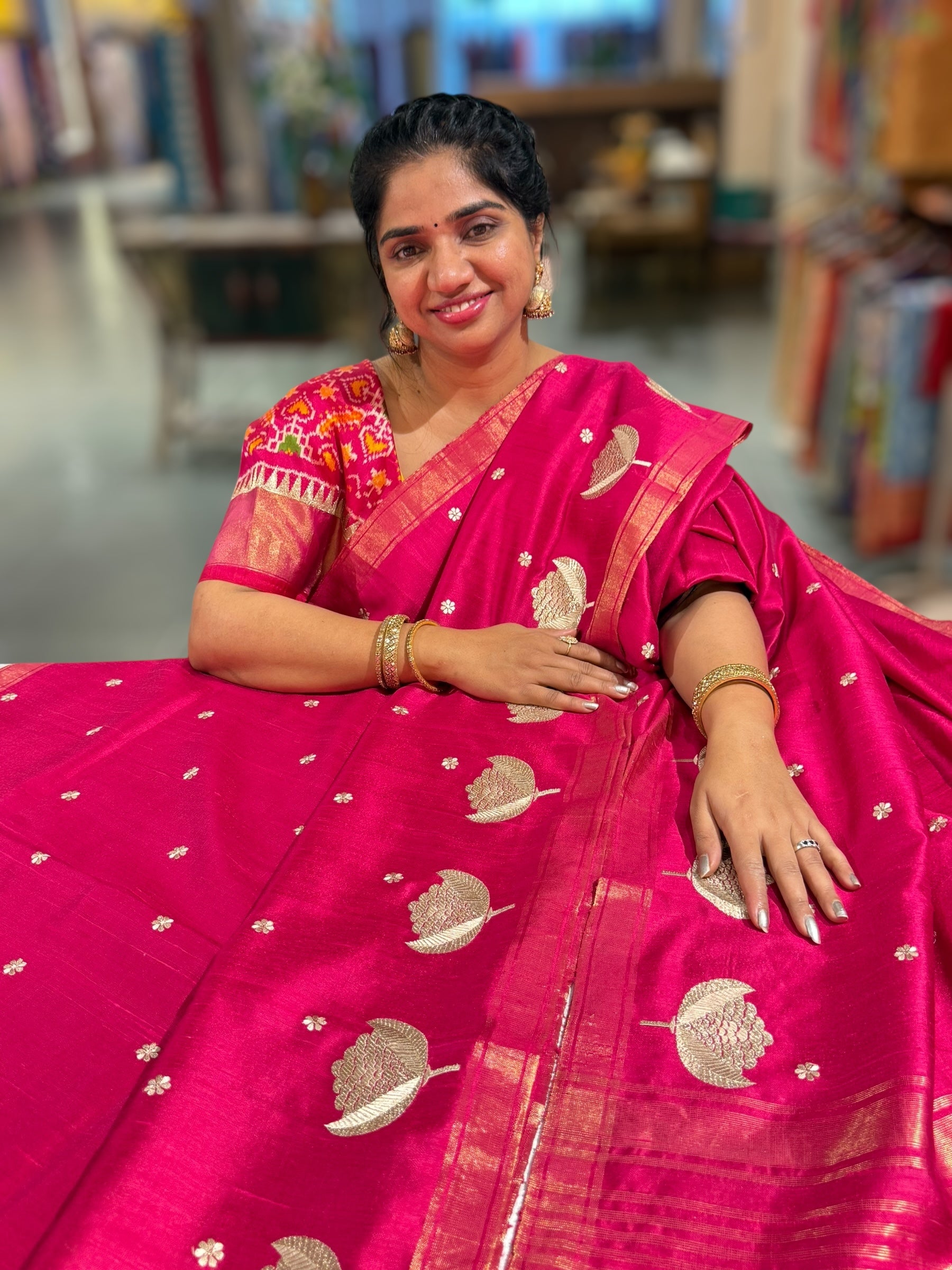 Dark Pink Pure Handloom Raw Silks Saree