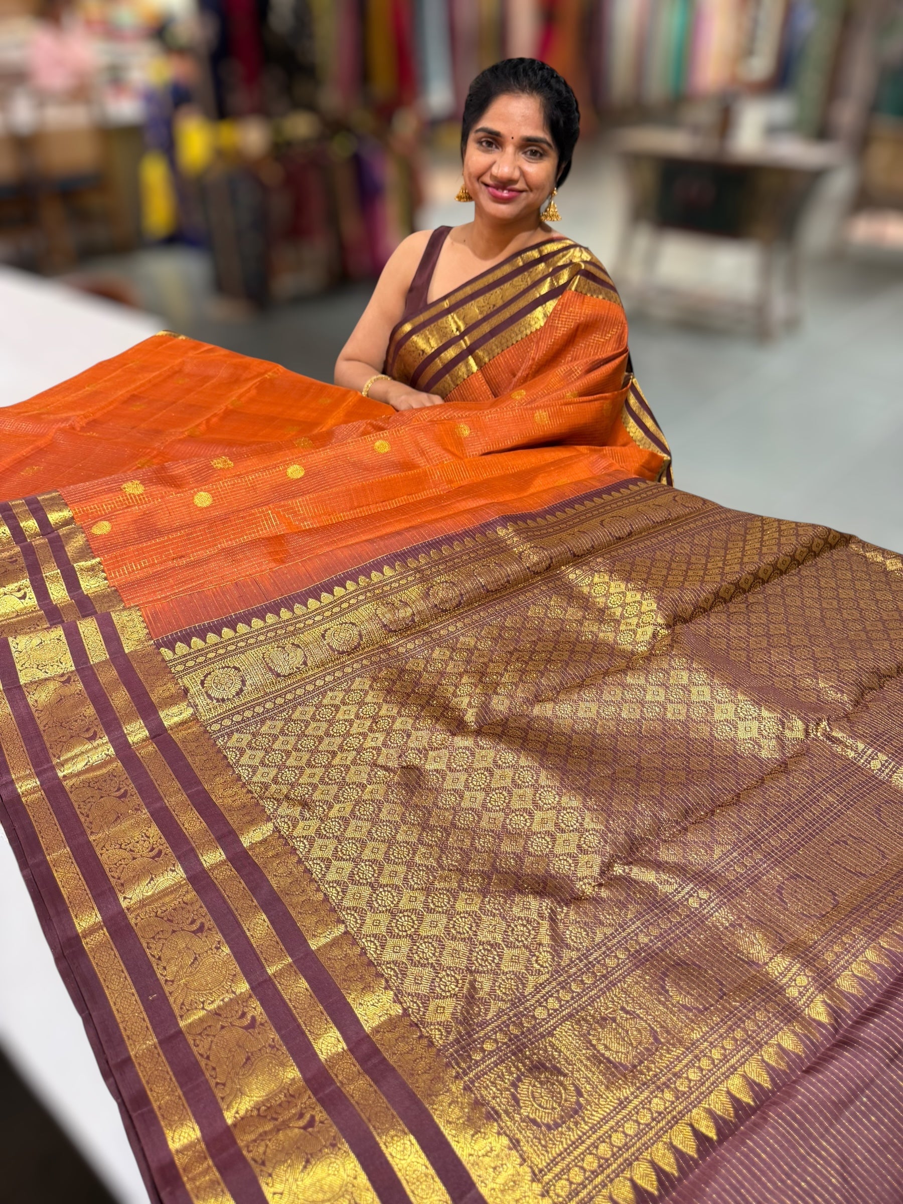 Rust Orange and Winish Brown Vintage checks Kanchipuram Saree