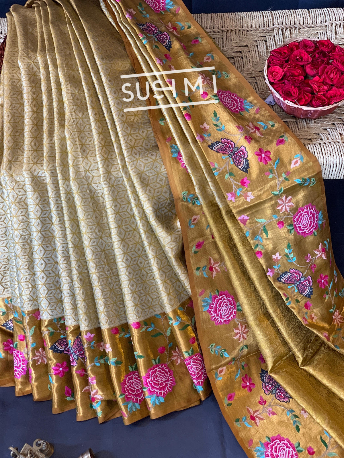 Gold Kanjeevaram Tissue Sareewith petite point embroidery : S62F085