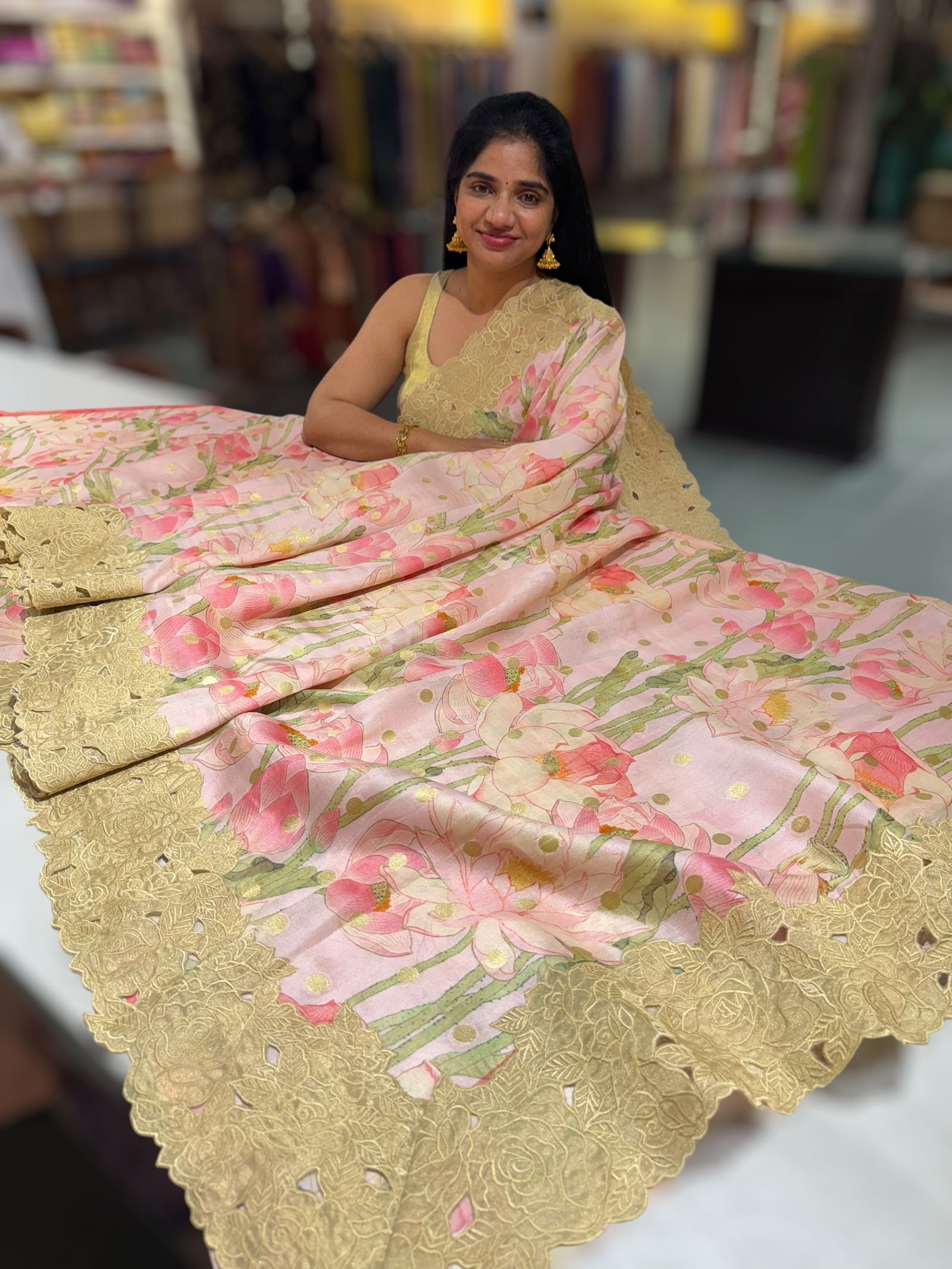 Baby Pink Banarasi Munga Printed Tussar Khaddi With Tissue cutwork Rose Border