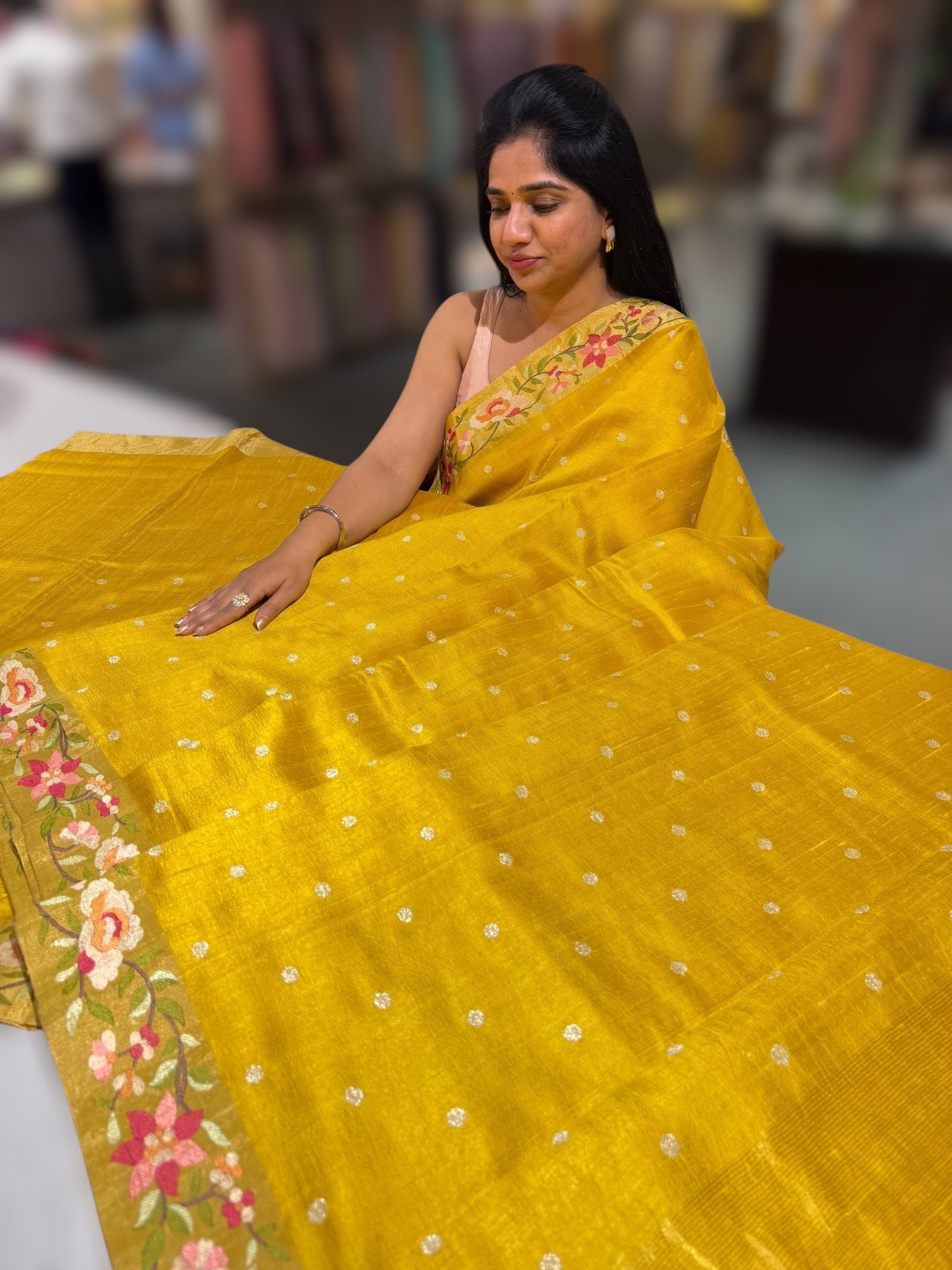 Mango Yellow Raw Silk Saree with Embroidery