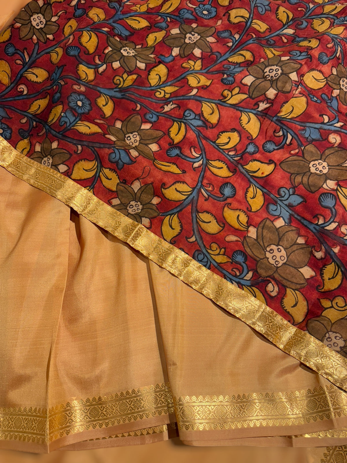 Sandalwood vintage Kanchipuram silk saree with pen kalamkari blouse