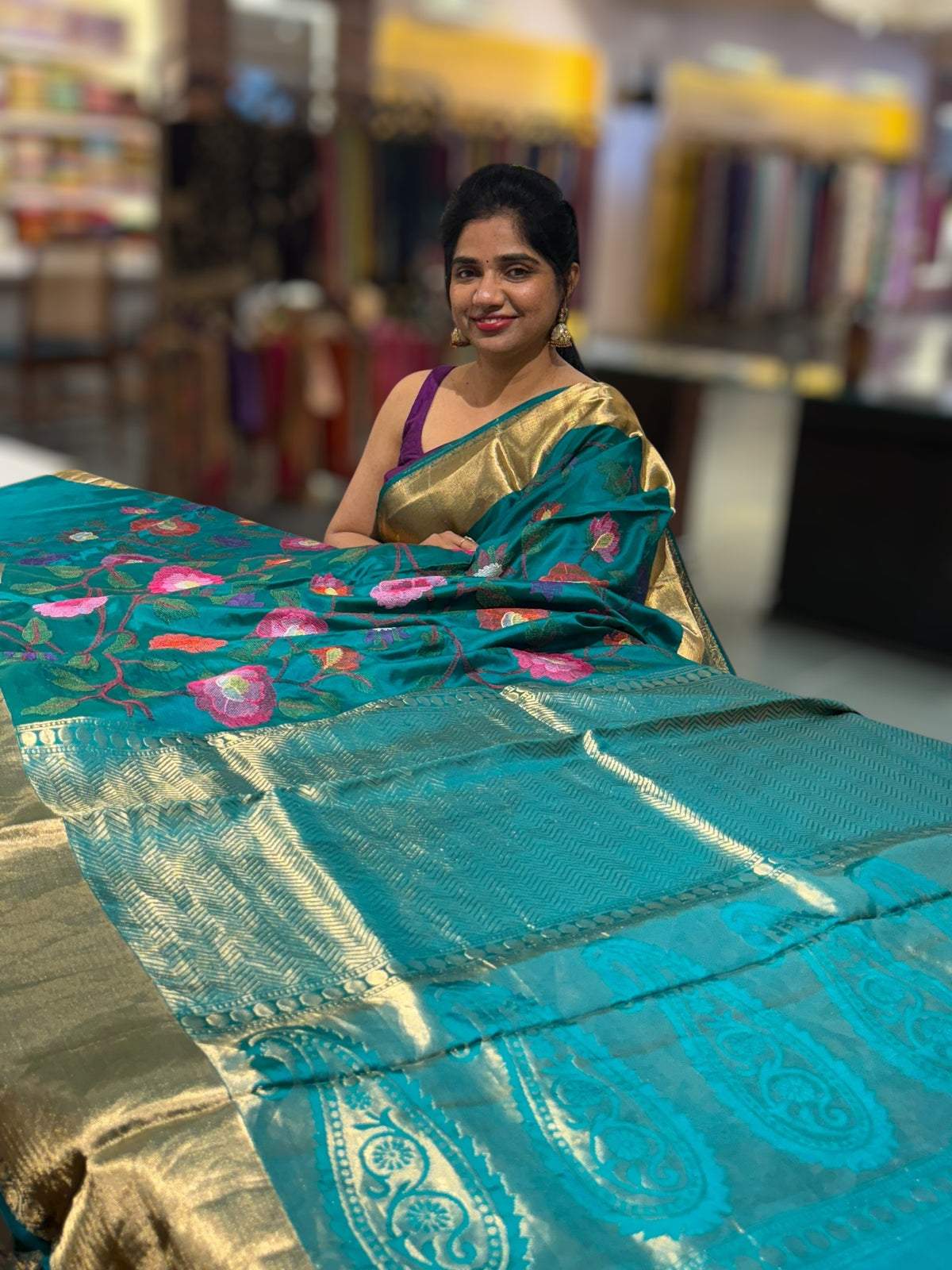 Peacock Green Kanchi Soft Silk Saree with allover jamdani inspired embroidery