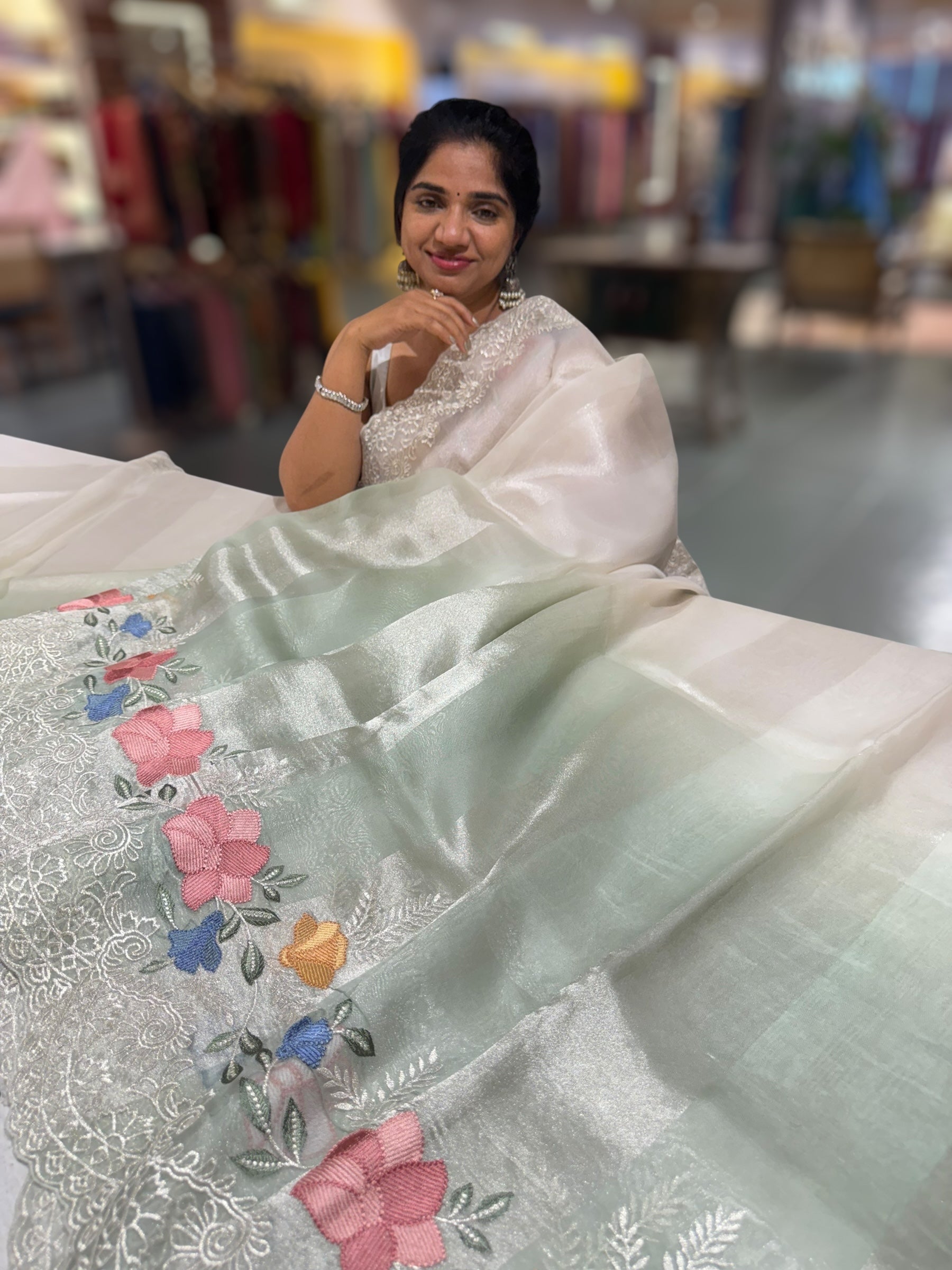 Mint & Silver Ombre dyed Tissue Saree with Cutwork embroidered Borders