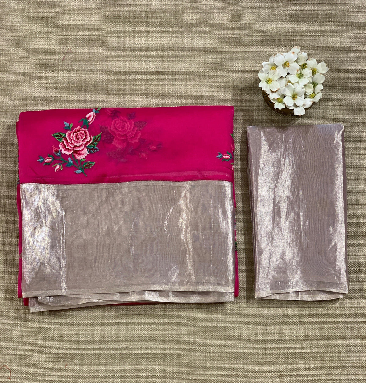 Rani Pink Pure Organza Saree with pure Tissue Border