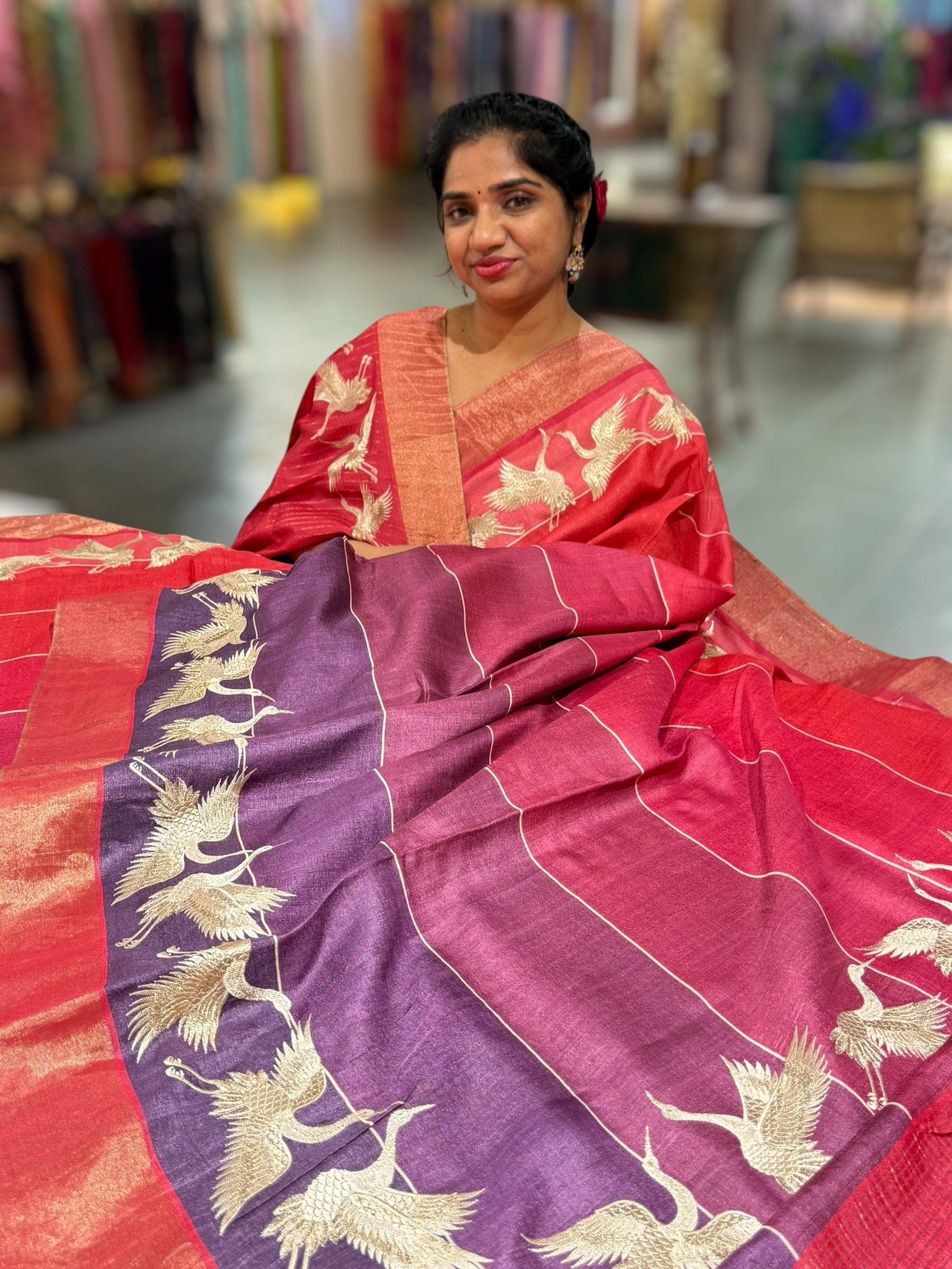 Tussar Rangkaat Saree With Crane Bird  Embroidered Border