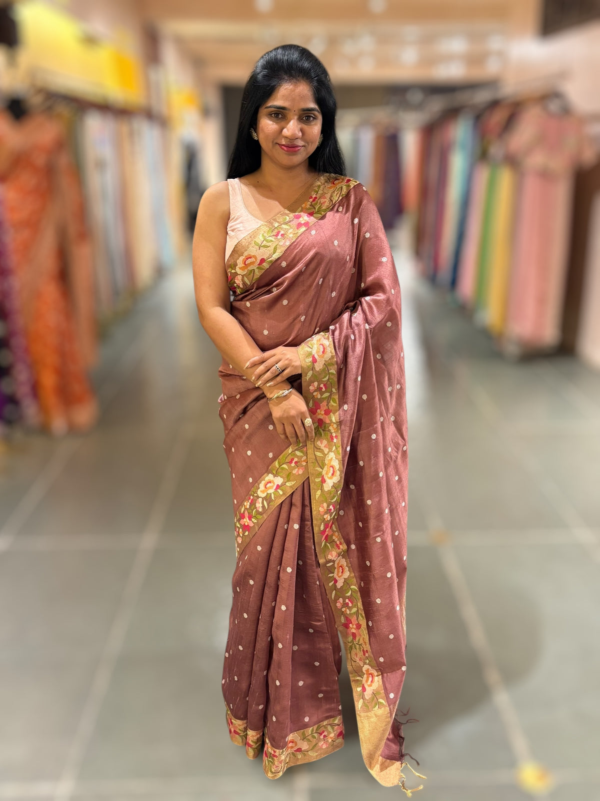 English Brown Raw Silk Saree with Embroidery