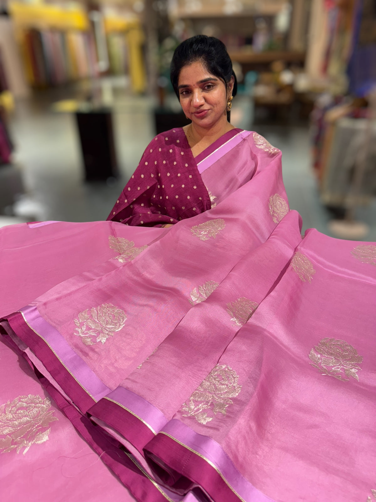 Rose Pink Pure Organza with embroidery