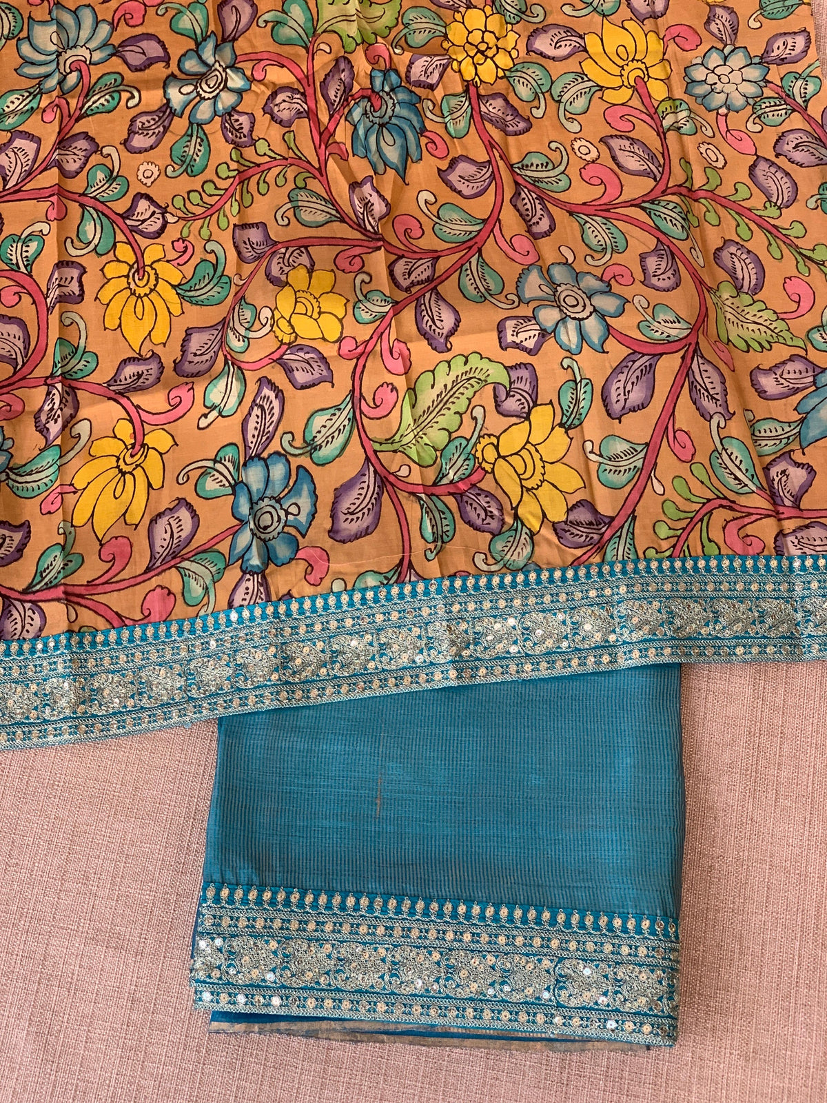 Copper sulphate kora Muslin Tissue fusion saree