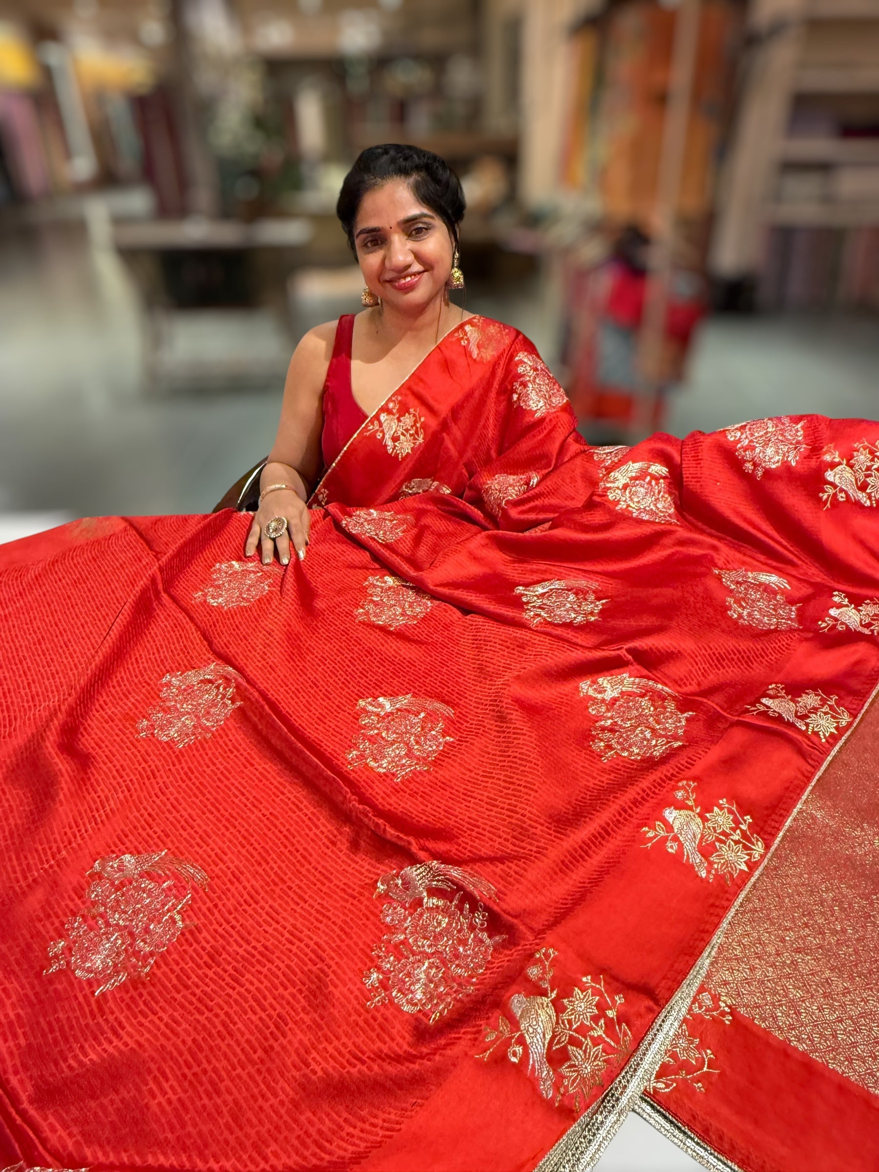 Orangish Red Designer Mashru Silk Saree