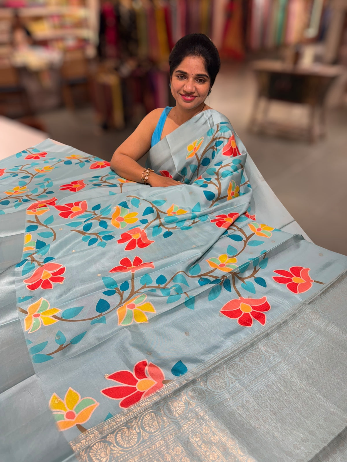 Powder Blue Kanchi Soft Silk Saree with ajamdani inspired print
