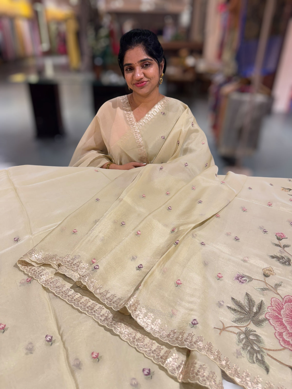 Ivory Tissue Georgette Saree with petite point emb