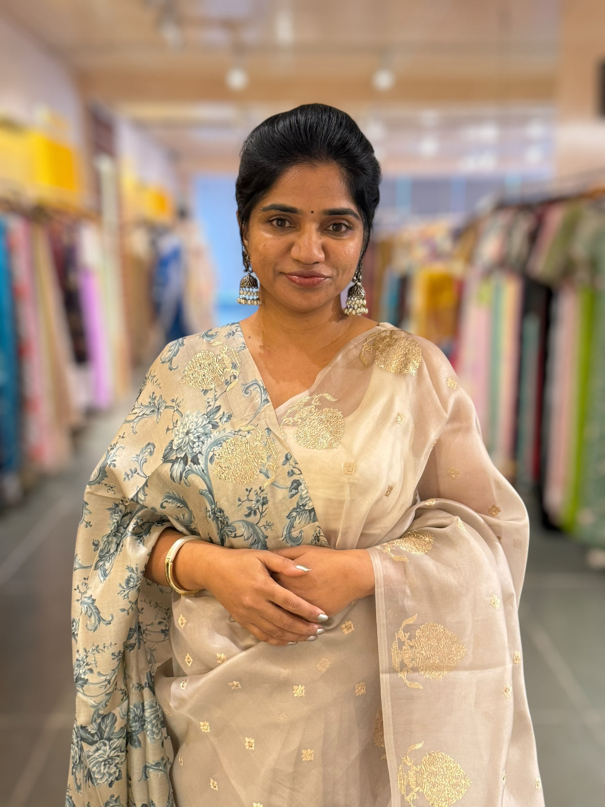 Silverish Tone Pure Organza Saree With Embroidered Motifs &amp; Tussar Printed Blouse