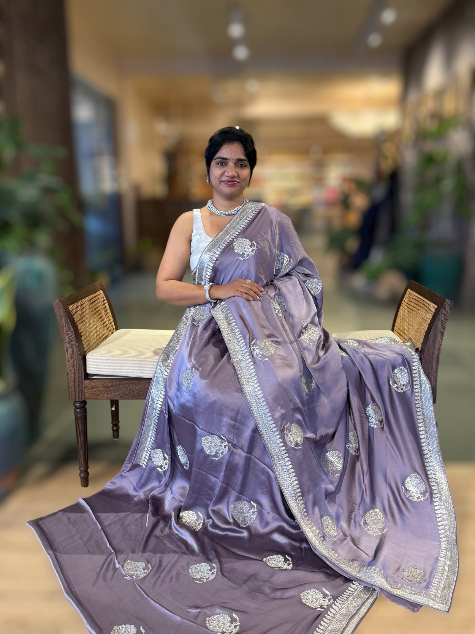 Lilac Satin Saree with Embroidery.