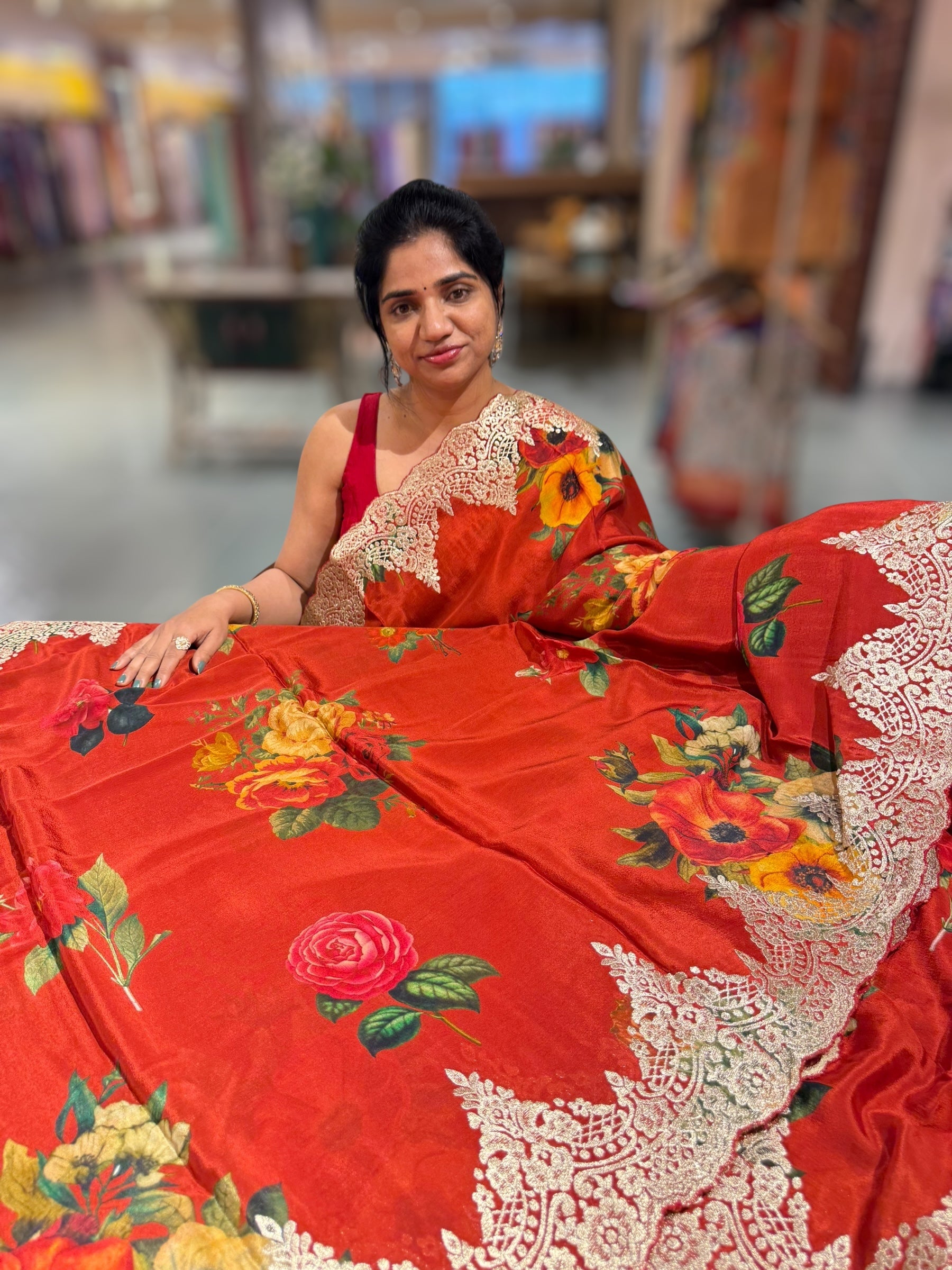 Red Crepe Printed Saree with Chanitlly Lace style Embroidery