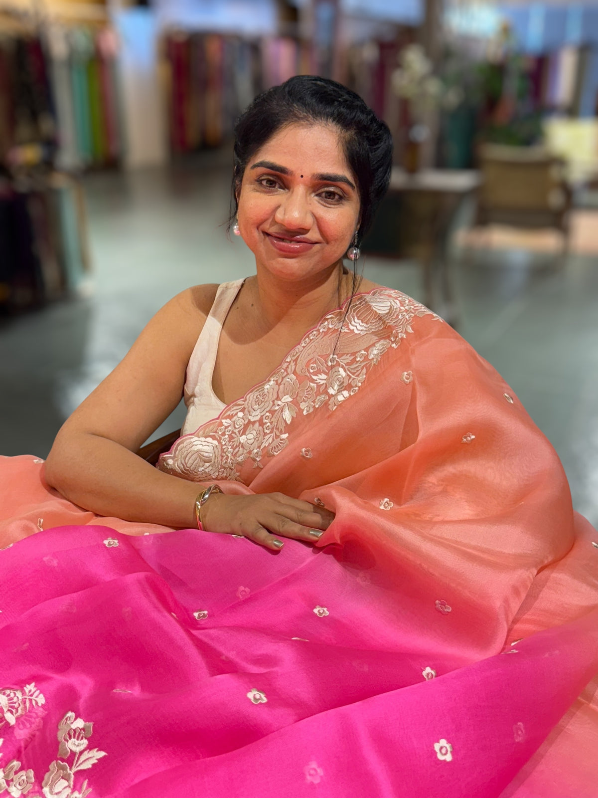 Peach & Neon Pink Shaded Organza Saree with Parsi Gara Embroidered Border