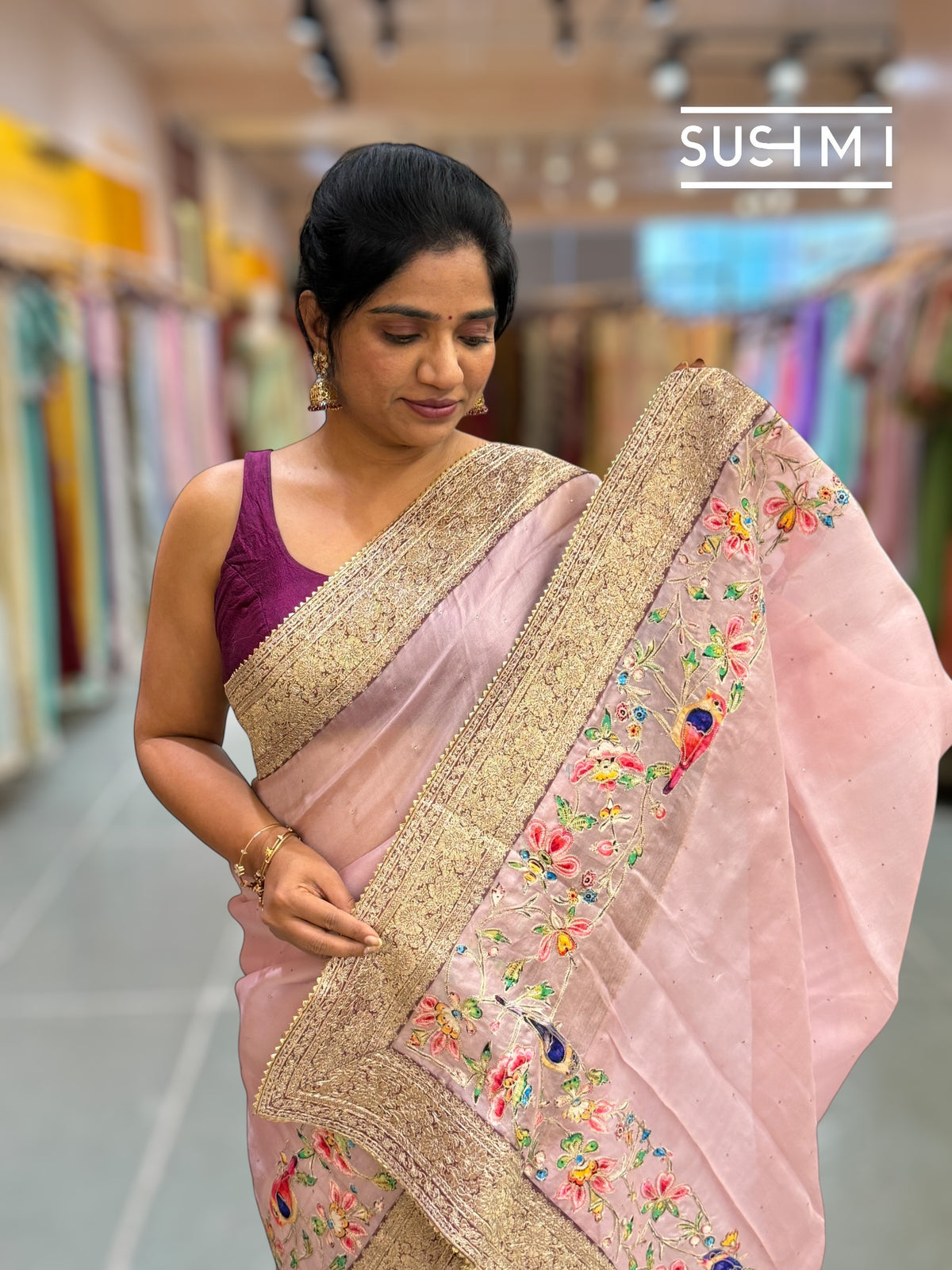 Dusty Pink Organza Banarasi Fusion Saree with Bird Appliqué : SM019