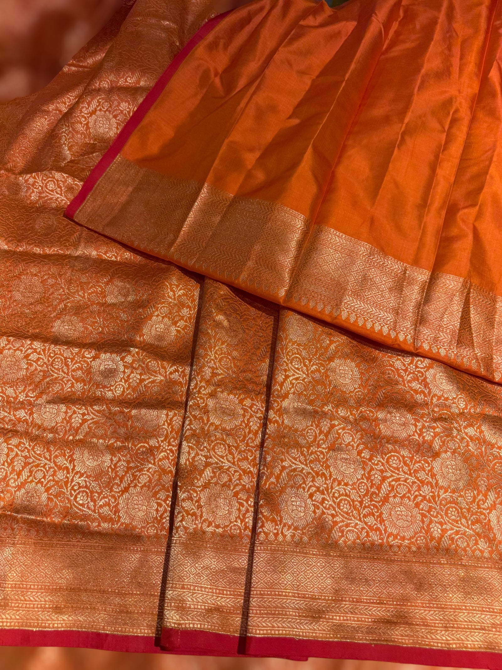 Orange Banarasi katan Tonchoi weaving Saree with red selvedge